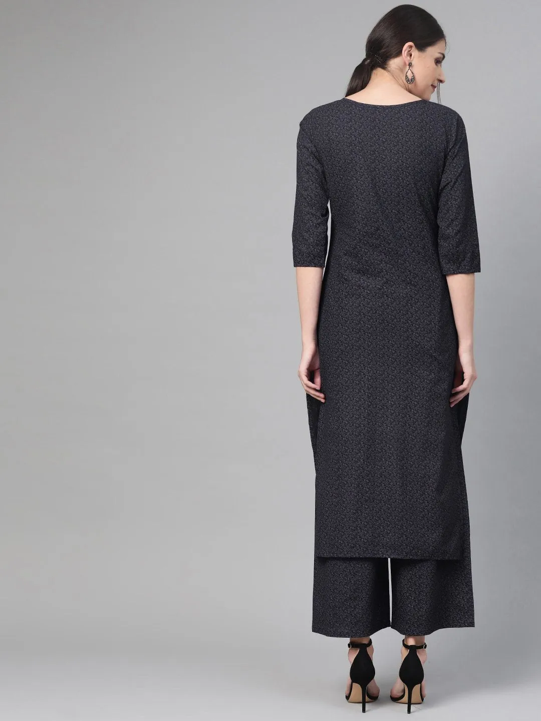 Women Black & Grey Straight Abstract Printed Kurta And Palazzos Set