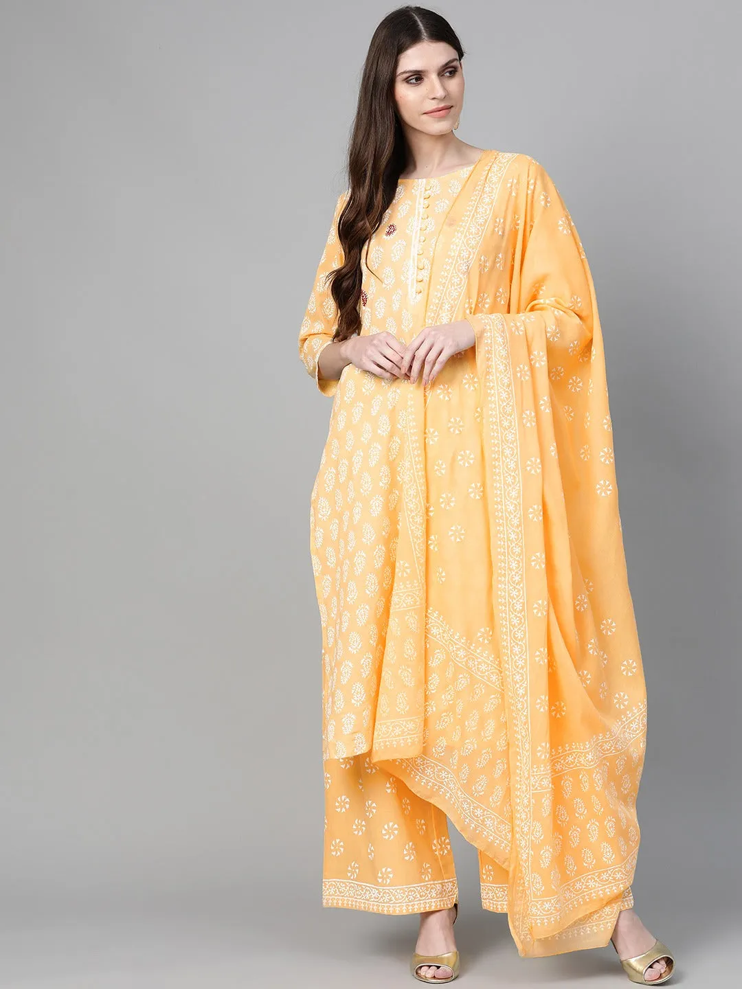 Women Yellow & Off-White Printed Dupatta Set