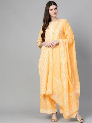 Women Yellow & Off-White Printed Dupatta Set